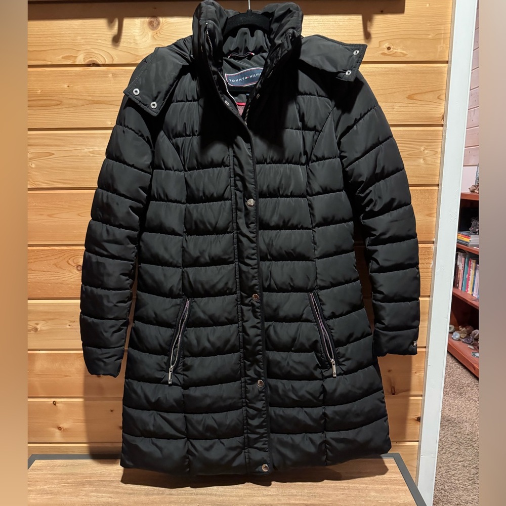 Tommy Hilfiger Women's Quilted Hooded Faux Fur Trim Coat Puffer Jacket S Black